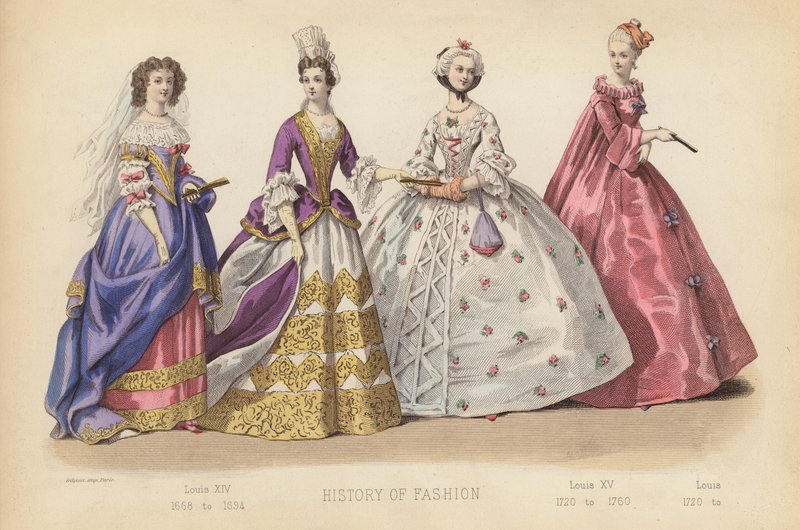 Moda we Francji: Ludwik XIV 1668 do 1694; Ludwik XV 1720 do 1760; Ludwik 1720 do (kolorowana rycina) autorstwa (after) French School