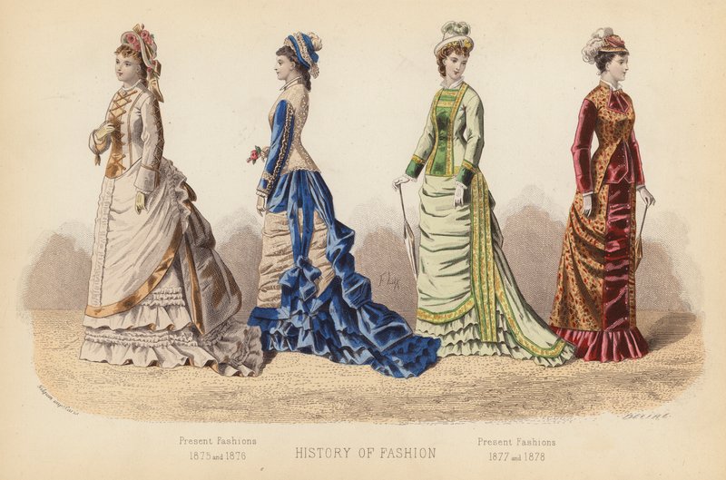 Moda we Francji: Obecna moda 1875 i 1876; Obecna moda 1877 i 1878 (kolorowa rycina) autorstwa (after) French School