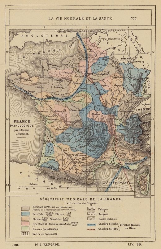 Geografia medyczna Francji (kolorowa rycina) autorstwa (after) French School