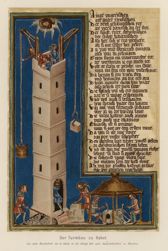 Budowa wieży Babel (kolorowa litografia) autorstwa (after) German School