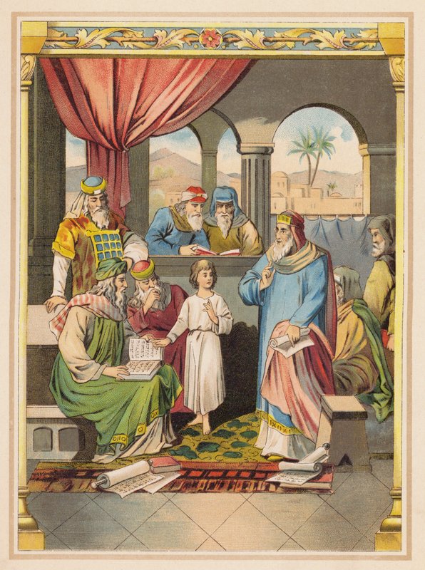 Jezus ze starszymi w świątyni (kolorowa litografia) autorstwa (after) German School