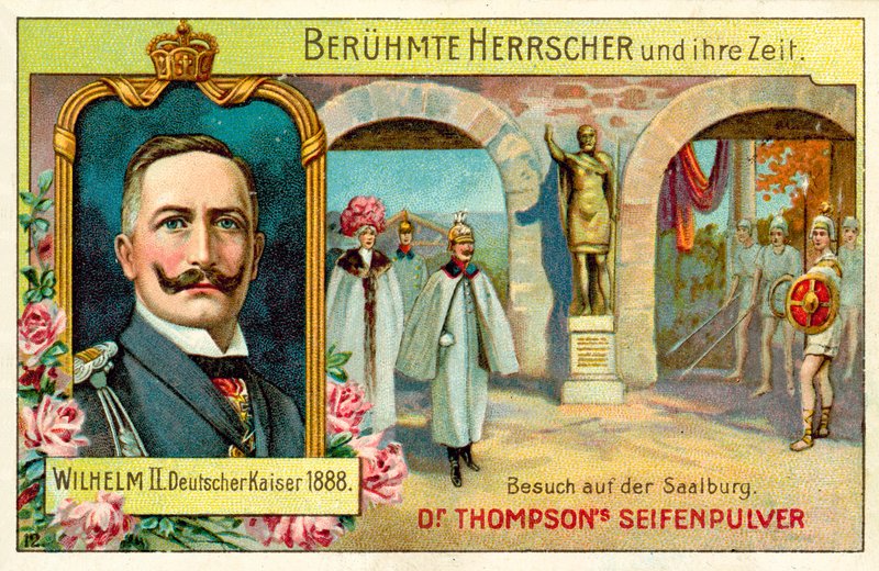 Kaiser Wilhelm II z wizytą w Saalburgu, Niemcy (chromolitho) autorstwa (after) German School