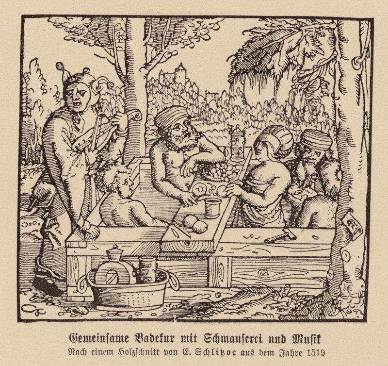 Mieszane kąpiele spa z ucztą i muzyką (drzeworyt) autorstwa (after) German School
