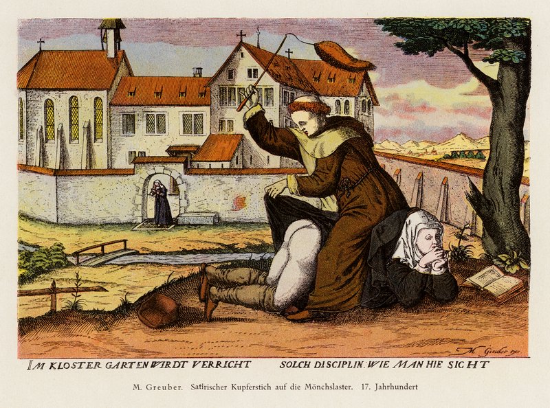 Mnich dyscyplinujący mniszkę w ogrodzie klasztornym (kolorowa litografia) autorstwa (after) German School