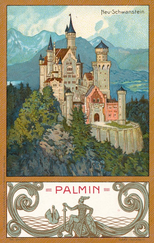 Zamek Neuschwanstein, Bawaria (chromolitho) autorstwa (after) German School