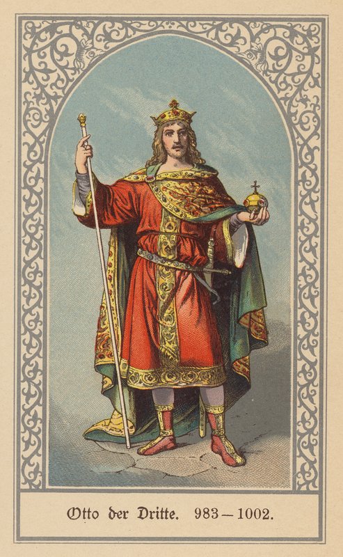 Otton III, król Niemiec i Włoch oraz Święty Cesarz Rzymski (kolorowa litografia) autorstwa (after) German School