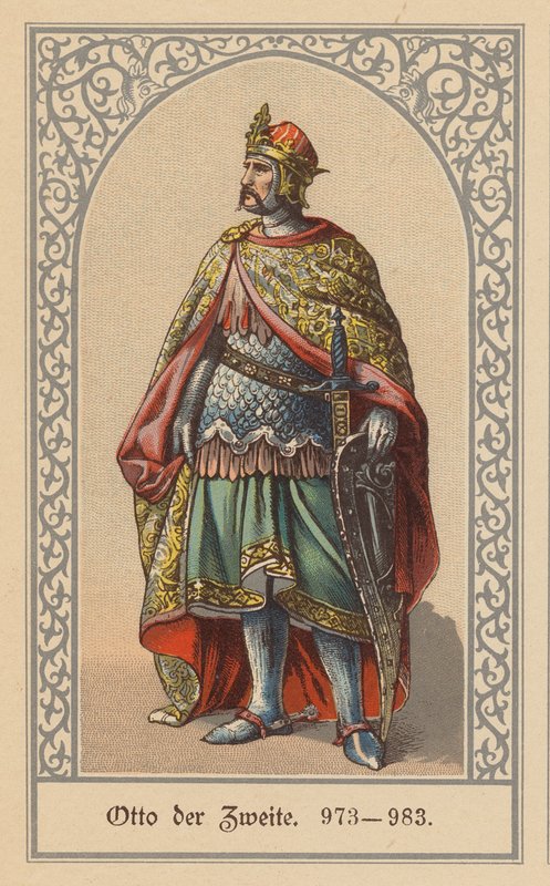 Otton II, król Niemiec i Włoch oraz Święty Cesarz Rzymski (kolorowa litografia) autorstwa (after) German School