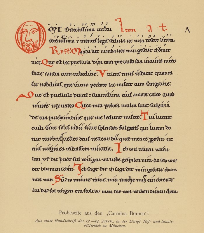 Strona z Carmina Burana (kolorowa litografia) autorstwa (after) German School