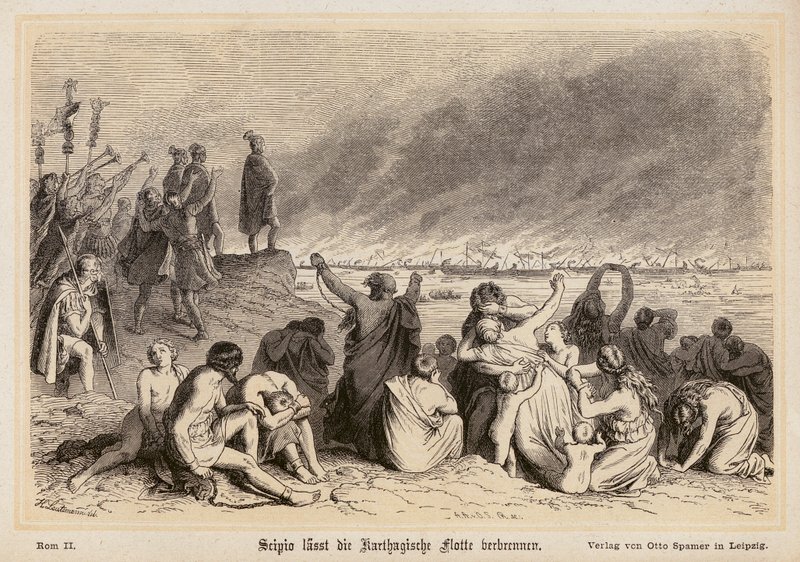 Scypion Afrykański palący flotę Kartaginy (rycina) autorstwa (after) German School