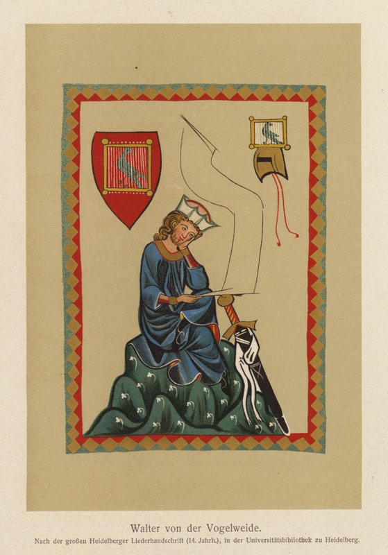Walther von der Vogelweide, średnio-wysoko-niemiecki poeta liryczny (kolorowa litografia) autorstwa (after) German School