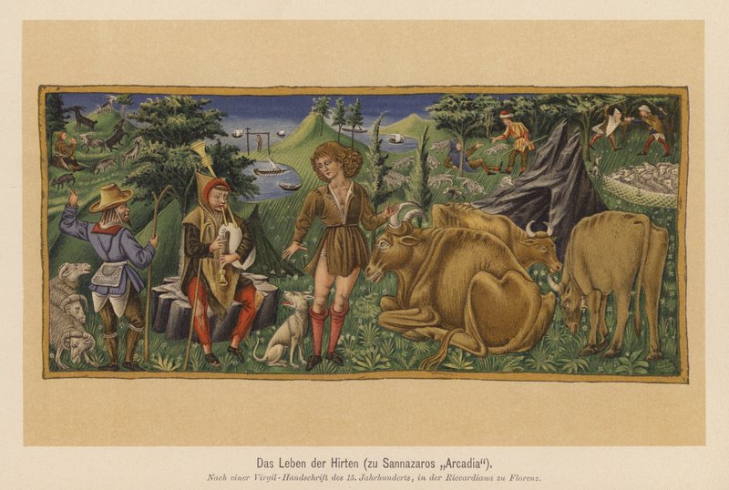 Scena z poematu Jacopo Sannazaro "Arkadia" (kolorowa litografia) autorstwa (after) Italian School