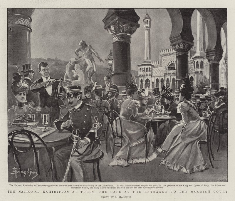 Wystawa Narodowa w Turynie, kawiarnia przy wejściu na dwór Maurów (lito) autorstwa (after) Italian School