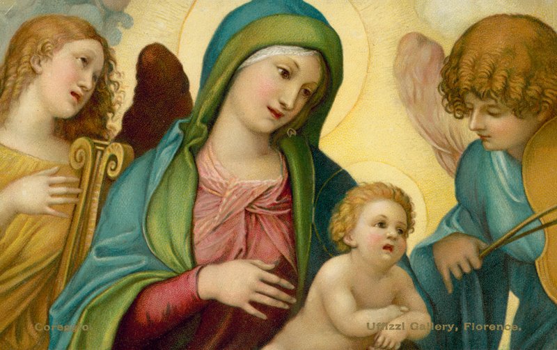 Madonna z Dzieciątkiem i aniołami (chromolitografia) autorstwa (c.1489 1534) (after) Correggio