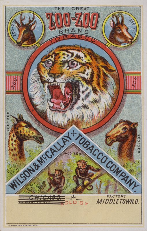 Amerykańska karta handlowa reklamująca tytoń Zoo-Zoo autorstwa American School