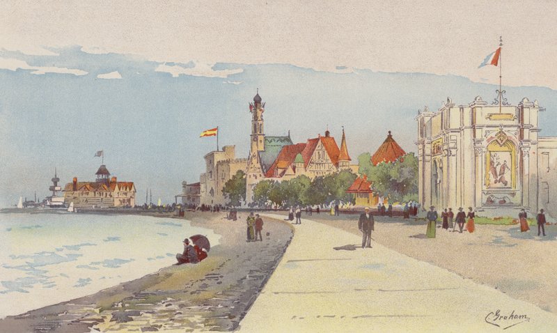 Obce budynki wzdłuż wybrzeża autorstwa American School