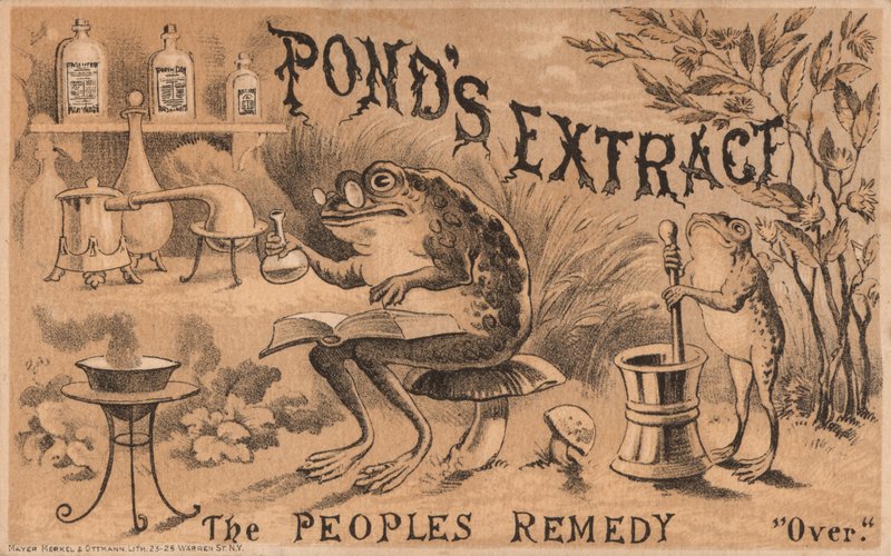 Żaby przygotowujące leki, reklama Ponds Extract autorstwa American School