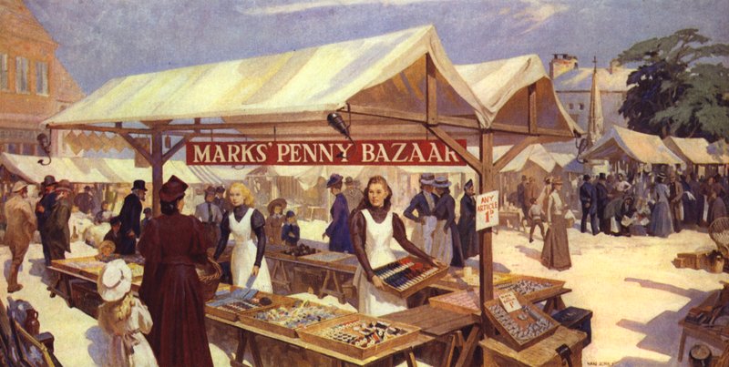 An Artist Impression of Marks Penny Bazaar zapoczątkowany w 1884 roku przez Michaela Marksa, ojca Sir Simona Marksa autorstwa English School