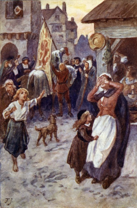 Wiadomość o bitwie pod Flodden przybywającej do Edynburga autorstwa English School