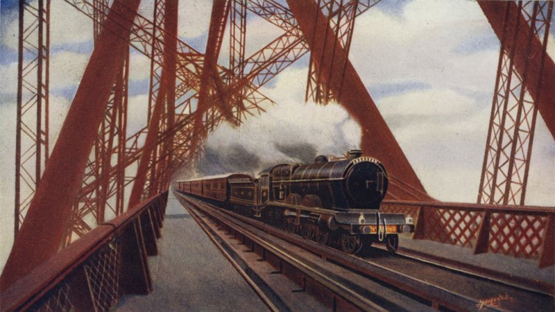 Latający Szkot przechodzący przez most Forth, North British Railway autorstwa English School