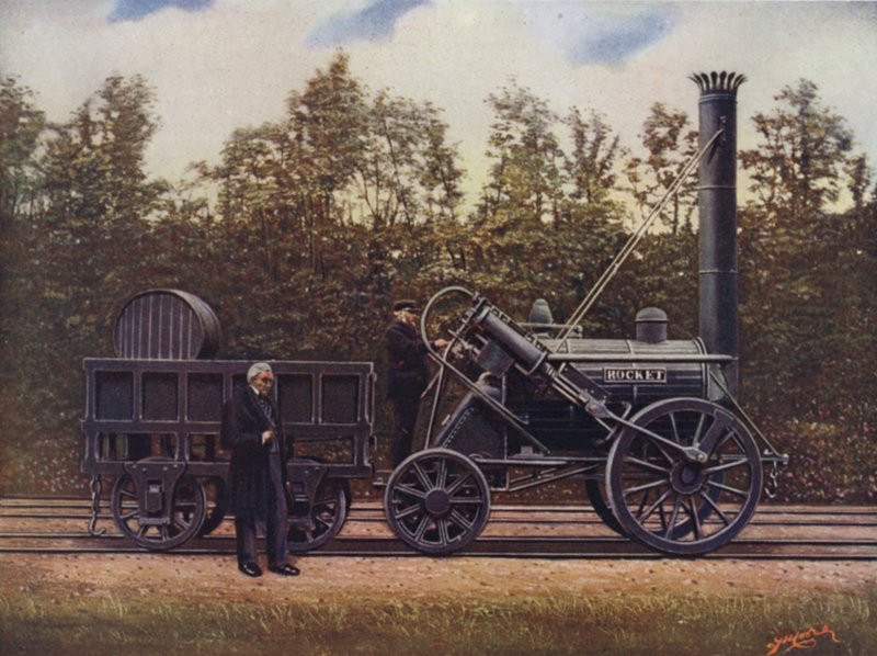 The Rocket i jej konstruktor George Stephenson, ojciec kolei brytyjskich, London and North Western Railway autorstwa English School