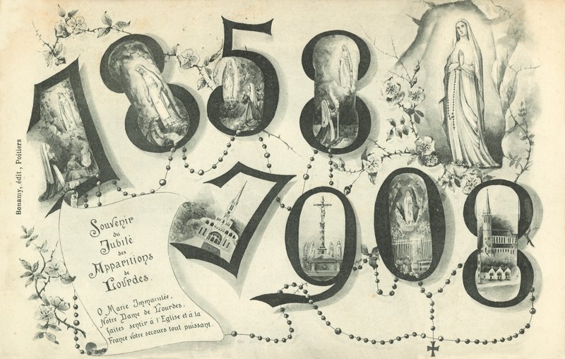 1858-1908, pamiątka Jubileuszu objawień w Lourdes autorstwa French School
