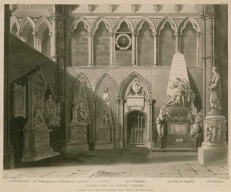 Południowy widok na Poets Corner, Westminster Abbey, Londyn autorstwa A.C. and Villiers, H. Pugin
