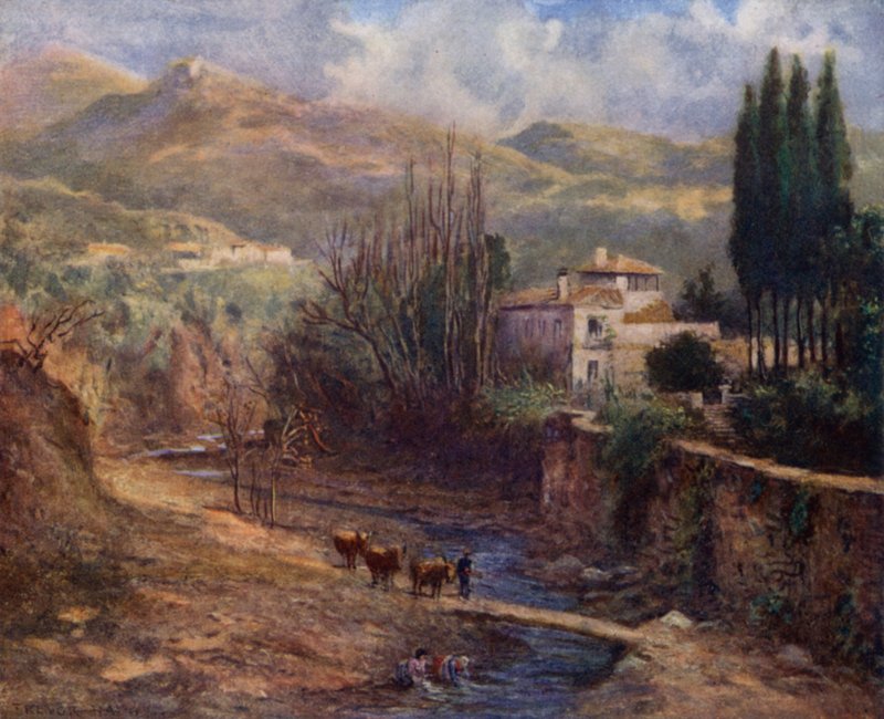 Granada, Willa nad Darro (kolor lito) autorstwa A. Trevor Haddon