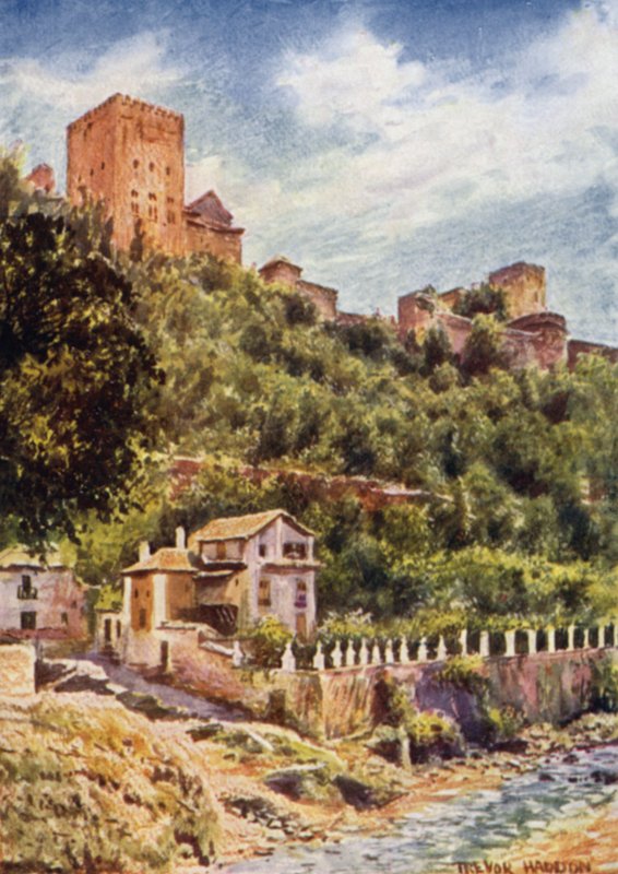 Granada, Wille nad brzegiem rzeki Darro (kolor lito) autorstwa A. Trevor Haddon