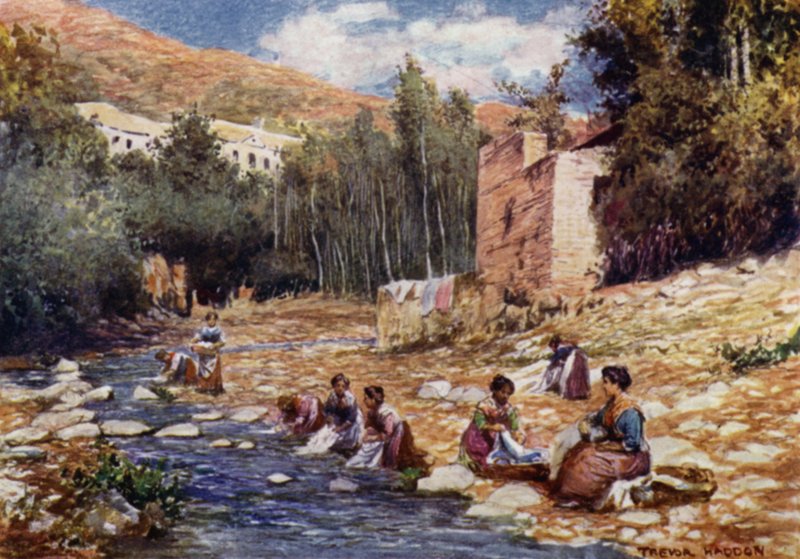 Granada, Wille nad brzegiem rzeki Darro (kolor lito) autorstwa A. Trevor Haddon