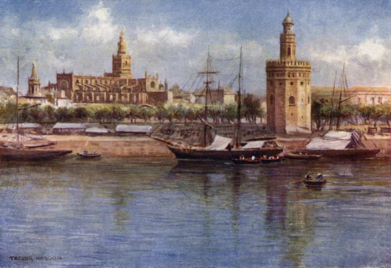 Sewilla, Torre del Oro i Katedra (kolor lito) autorstwa A. Trevor Haddon