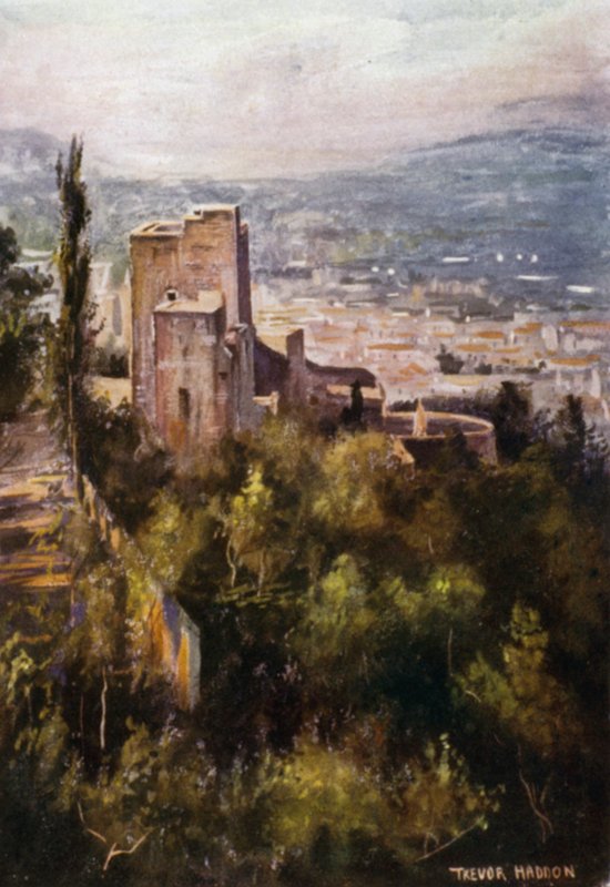 Alhambra, Cynobru Wieże z murów obronnych (kolor lito) autorstwa A. Trevor Haddon