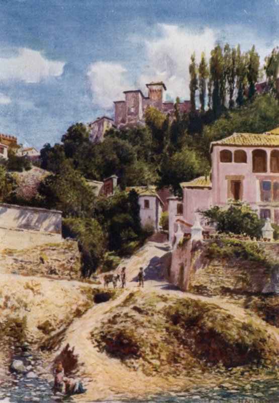 Alhambra, Torre de las Damas od rzeki Darro (kolor lito) autorstwa A. Trevor Haddon