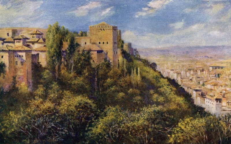 Widok Granady i Alhambry (kolor lito) autorstwa A. Trevor Haddon