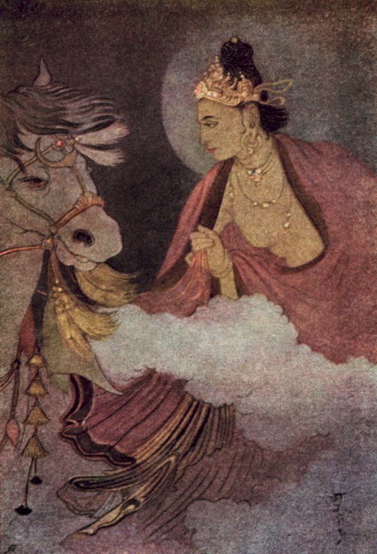 Wyjazd księcia Siddharthy (kolor lito) autorstwa Abanindranath Tagore