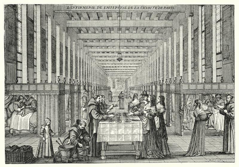 Infirmeria szpitala Hopital de la Charite w Paryżu (rycina) autorstwa Abraham (after) Bosse