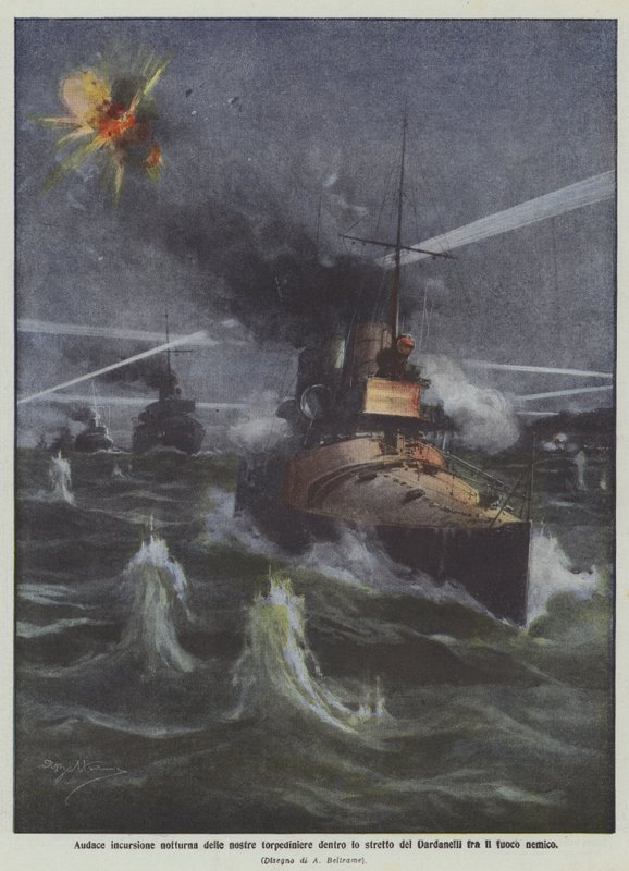 Odważny nocny nalot naszych torpedowców do Cieśniny Dardanelskiej pośród ognia wroga autorstwa Achille Beltrame