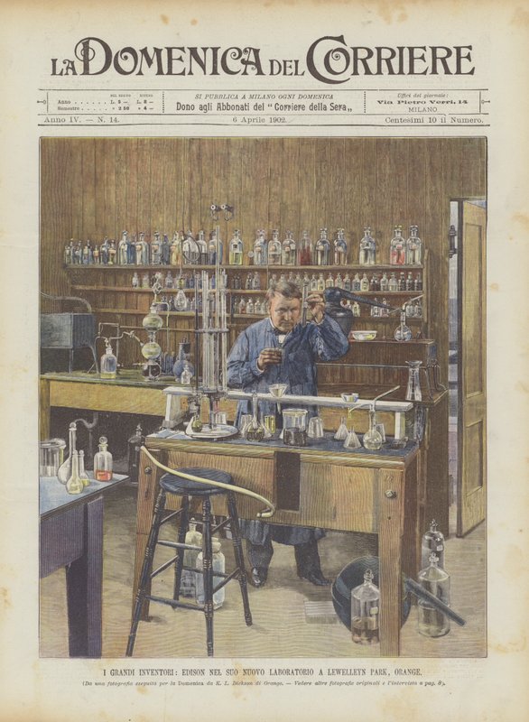 Wielcy wynalazcy, Edison w swoim nowym laboratorium w Lewelleyn Park, Orange autorstwa Achille Beltrame