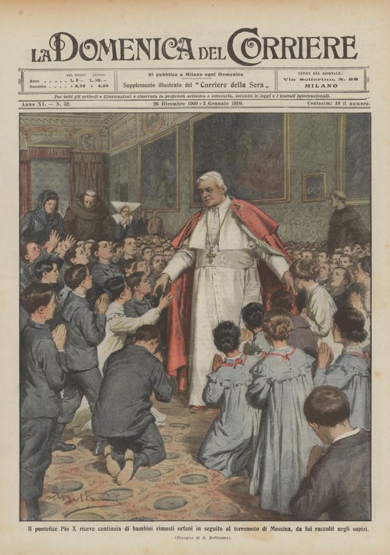 Czy papież Pius X przyjmuje setki osieroconych dzieci po trzęsieniu ziemi w Mesynie? autorstwa Achille Beltrame