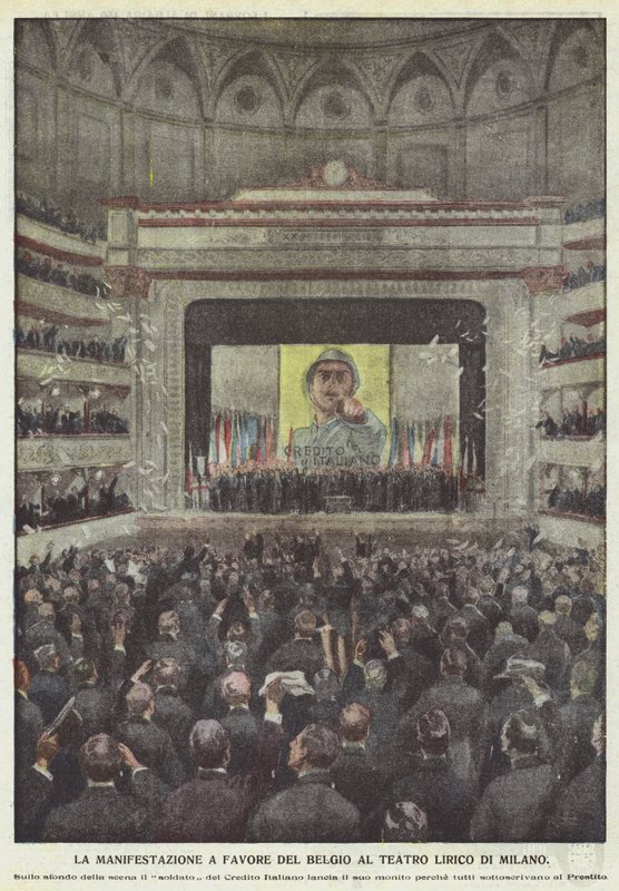 Demonstracja na rzecz Belgii w Teatro Lirico w Mediolanie autorstwa Achille Beltrame