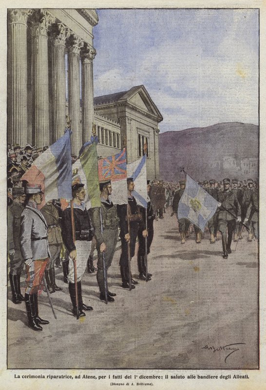 Ceremonia zadośćuczynienia w Atenach za wydarzenia z 1 grudnia, pokłon flagom aliantów autorstwa Achille Beltrame