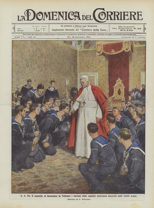 S S Pius X przyznaje, że marynarze amerykańskiej drużyny zakotwiczonej na naszych wodach całują ręce w Watykanie autorstwa Achille Beltrame