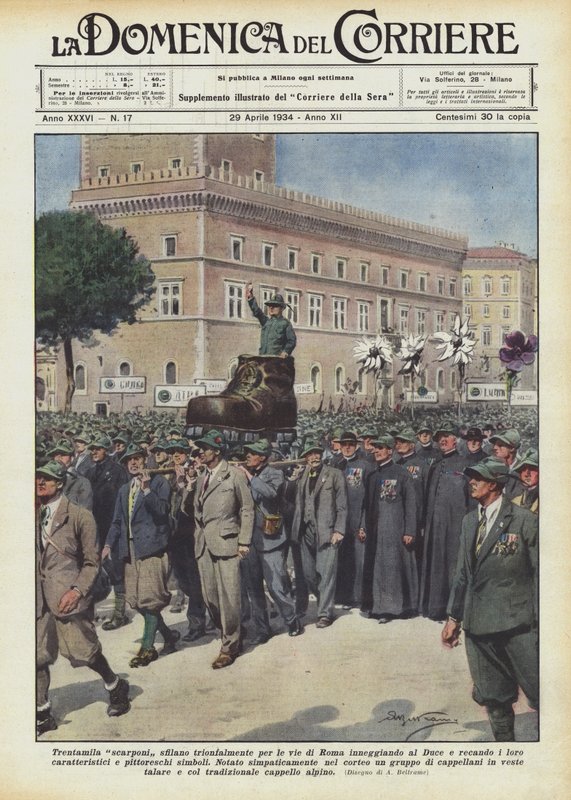 Trzydzieści tysięcy butów triumfalnie paraduje ulicami Rzymu, chwaląc Duce i przynosząc swoje? autorstwa Achille Beltrame