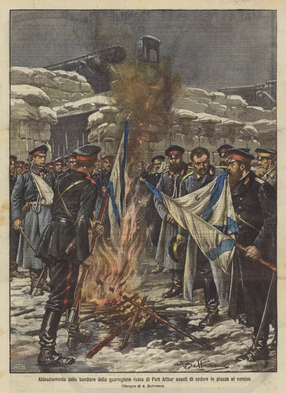 Spalenie flag rosyjskiego garnizonu Port Arthur przed oddaniem placu wrogowi autorstwa Achille Beltrame