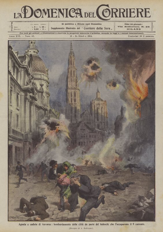 Agonia i upadek Antwerpii, zbombardowanie miasta przez Niemców okupujących IX autorstwa Achille Beltrame