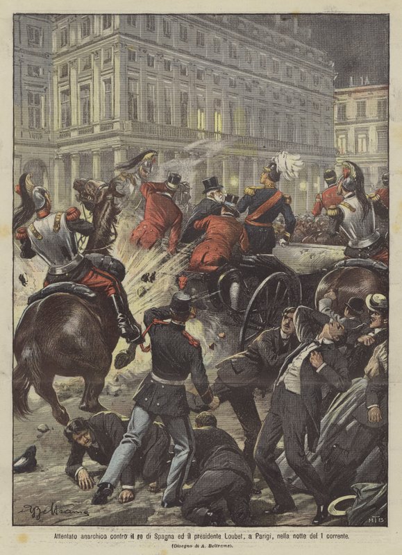 Anarchistyczny atak na króla Hiszpanii i prezydenta Loubeta w Paryżu w nocy obecnego 1 autorstwa Achille Beltrame
