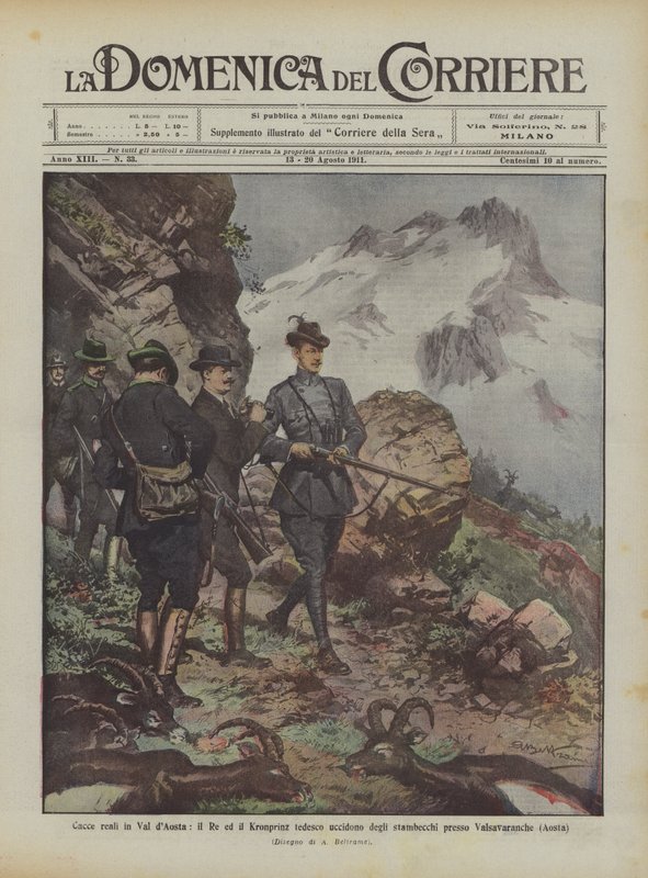 Królewskie polowania w Val dAosta, król i niemiecki Kronprinz zabijają koziorożce w pobliżu Valsavaranche (Aosta) autorstwa Achille Beltrame