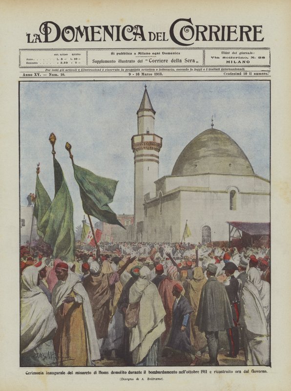 Ceremonia inauguracyjna zburzonego podczas bombardowania w październiku 1911 roku minaretu Homs? autorstwa Achille Beltrame