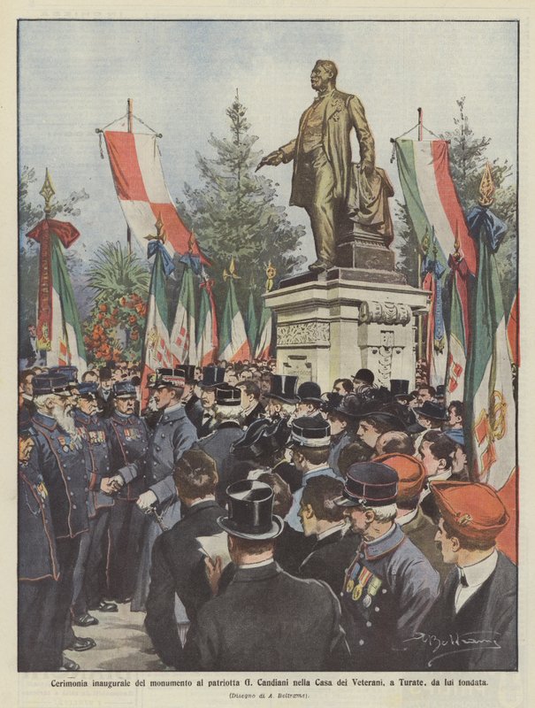 Uroczystość inauguracji pomnika patrioty G Candianiego w założonej przez niego Casa dei Veterani w Turate autorstwa Achille Beltrame