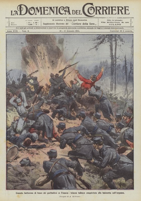 Krwawy chrzest bojowy dokonany przez żołnierzy Garibaldiego we Francji, niemiecki rów zdobyty bagnetem w Argonie autorstwa Achille Beltrame