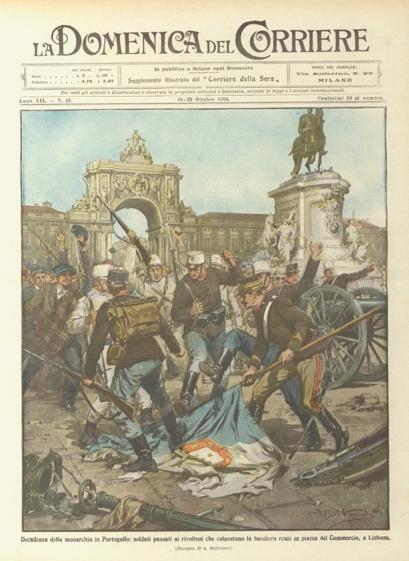 Dekadencja monarchii w Portugalii, żołnierze przeszli do buntowników, którzy depczą flagę? autorstwa Achille Beltrame
